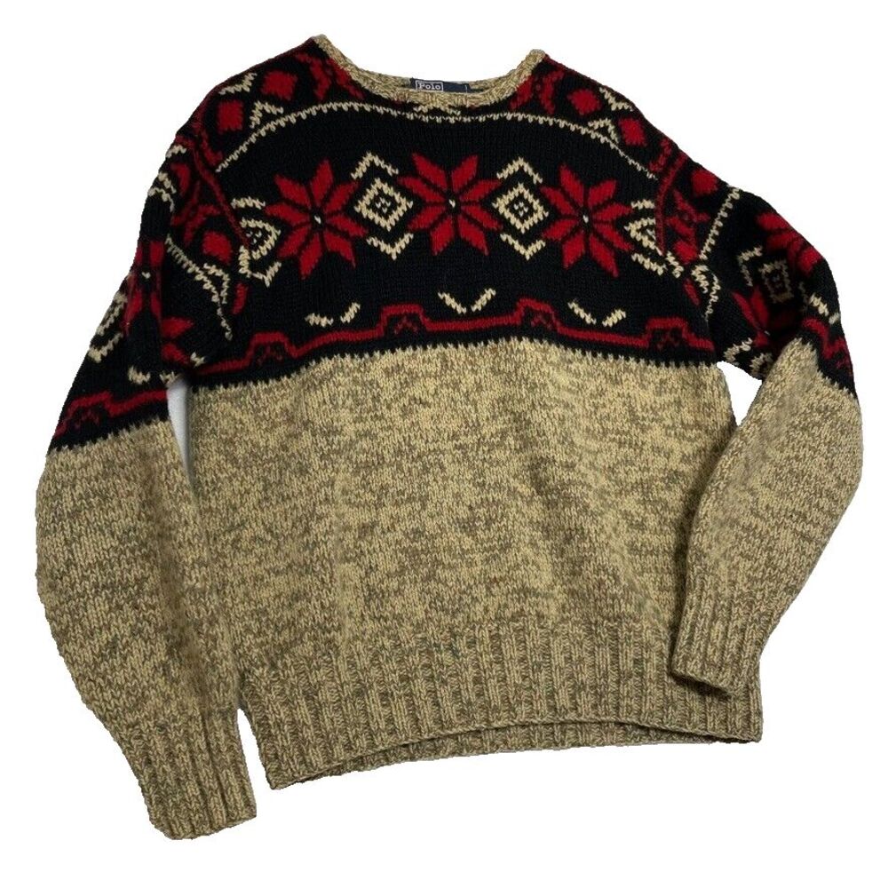 Polo‎ Ralph Lauren Tan Hand Knit Wool Snowflake Fair Equestrian Sweater Large